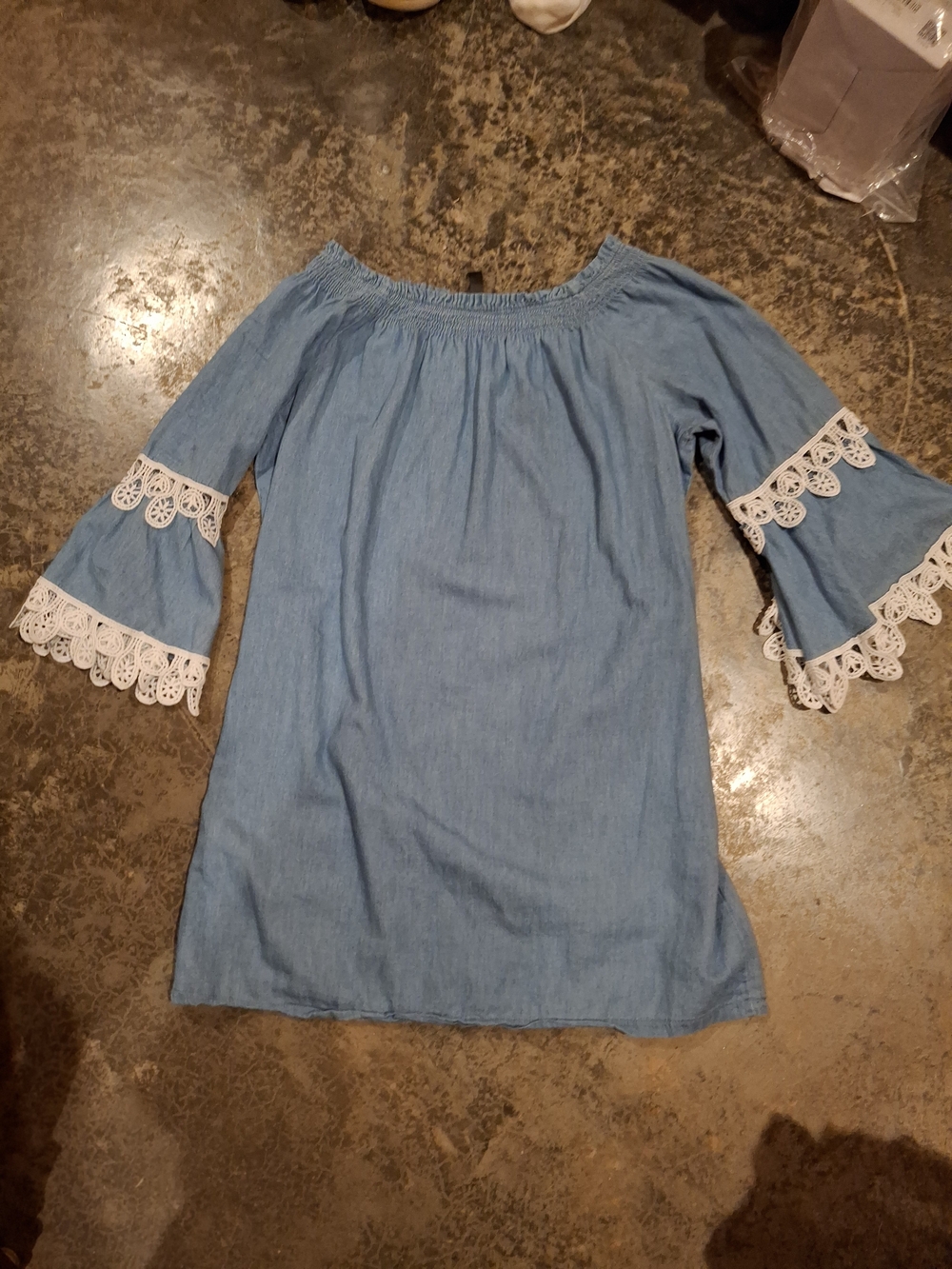 Lapis Light Blue Off-Shoulder Bell Sleeve Tunic/Dress with White Crochet Lace - Picture 2 of 12
